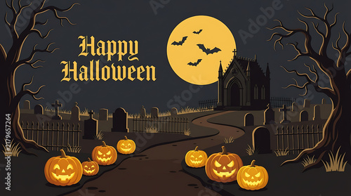 Spooky pixel art halloween scene with pumpkins bats and a haunted house