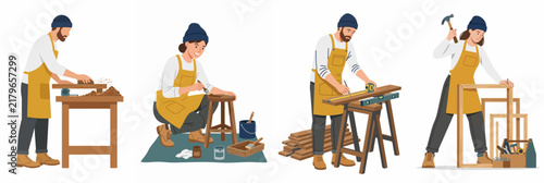 Flat vector illustrations of male and female woodworkers and carpenters working on various DIY projects with tools like hammers, levels, and paintbrushes.