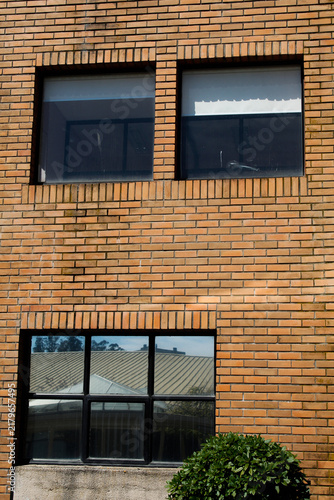 Orange Brick Facade with Symmetrical Windows forming Face Pareidolia