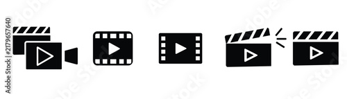 Cinema movie video camera clapperboard film strip player play button media production vector icons set
