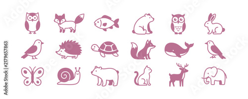 A collection of stylized flat animal icons in pink colors on a light background