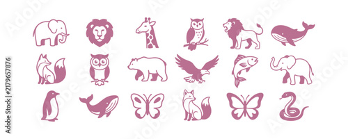 A collection of various wild animal silhouettes and icons in a flat purple graphic style