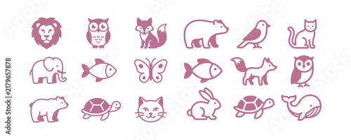 A collection of stylized animal silhouettes including mammals birds and reptiles in pink line art