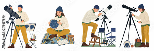Set of flat illustrations featuring people stargazing and using telescopes for astronomical observation, including celestial globes, maps, and camping gear on white background.