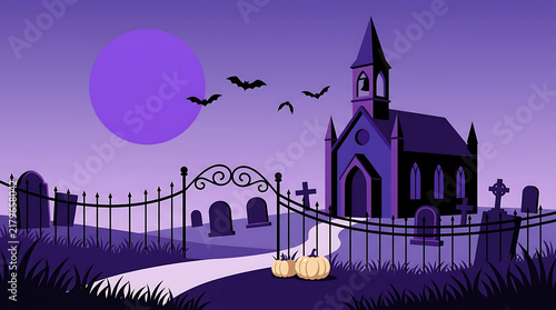 Spooky halloween scene with a haunted church graveyard and full moon in purple tones