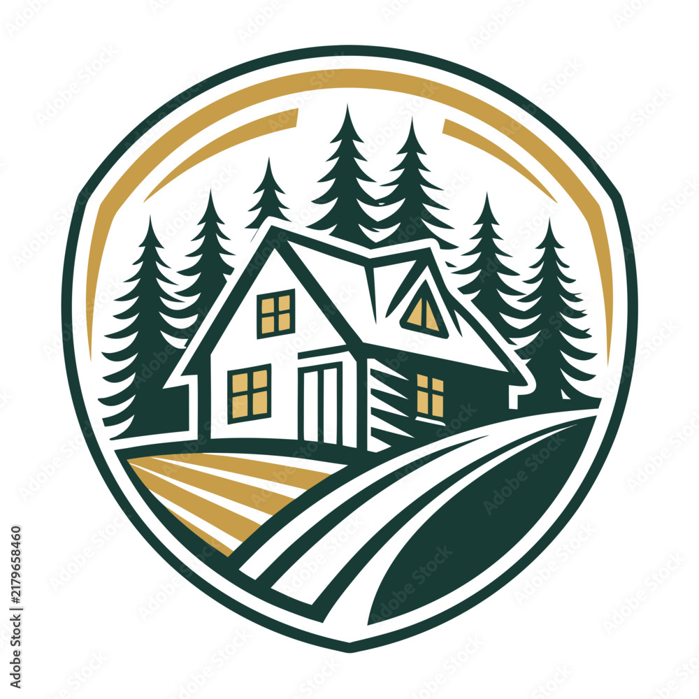 Obraz premium Real Estate Logo Featuring A Geometric Cabin In A Forest Setting