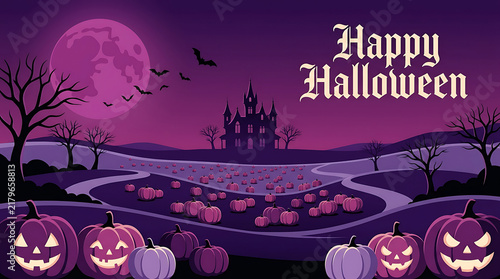 Pixel art halloween scene with haunted castle pumpkins and a full moon in the night