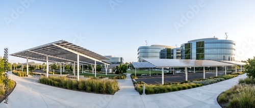 Modern office campus with solar panel canopy and sustainable green architecture at sunset.