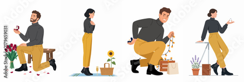 Set of flat vector illustrations of people in romantic situations, featuring a man proposing, a surprise picnic, and gift-giving moments.