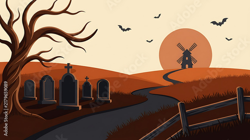 Spooky pixel art landscape with graveyard windmill bats and a full moon at sunset