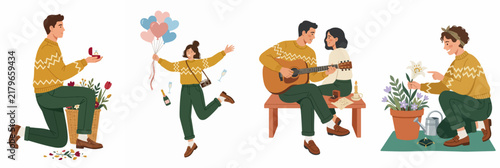 Flat vector illustration set of a romantic couple proposing, celebrating with balloons, playing guitar together, and gardening, all in matching outfits.