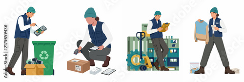 Flat vector illustrations of warehouse and logistics workers performing tasks like recycling electronics, scanning packages, managing inventory, and quality control.