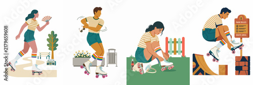 Flat Illustration Set of People Enjoying Retro Roller Skating Activities in Various Outdoor Settings
