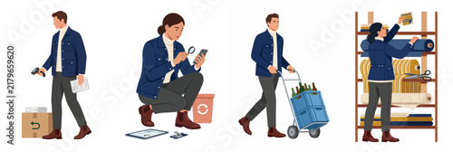 Illustrations of Warehouse Workers Engaged in Various Logistics Tasks Including Scanning Packages, Inspecting Items, Transporting Goods, and Organizing Inventory on Shelves.