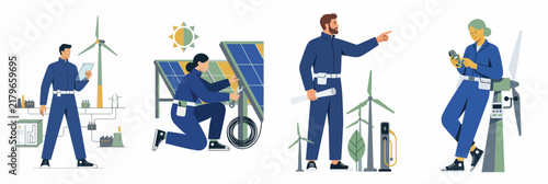 Set of Illustrations of Renewable Energy Engineers and Technicians Working with Wind Turbines, Solar Panels, and Electric Charging Stations