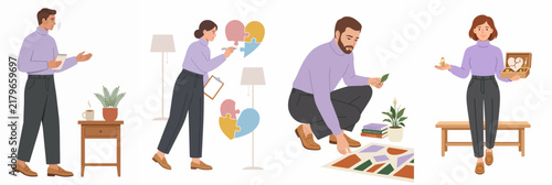 Flat Illustration Set of Professionals and People Engaging in Psychological Analysis, Therapy Sessions, and Mental Health Support Concepts.