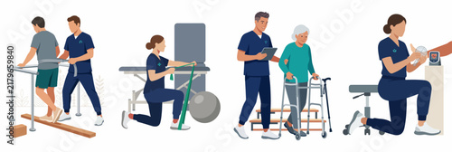 Flat illustration set of various physical therapy and rehabilitation scenes with patients and therapists working on mobility, strength, and recovery in a clinic.