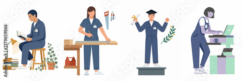 Illustration of students in blue jumpsuits showing the journey through vocational education from learning and hands-on training to graduation and professional work.
