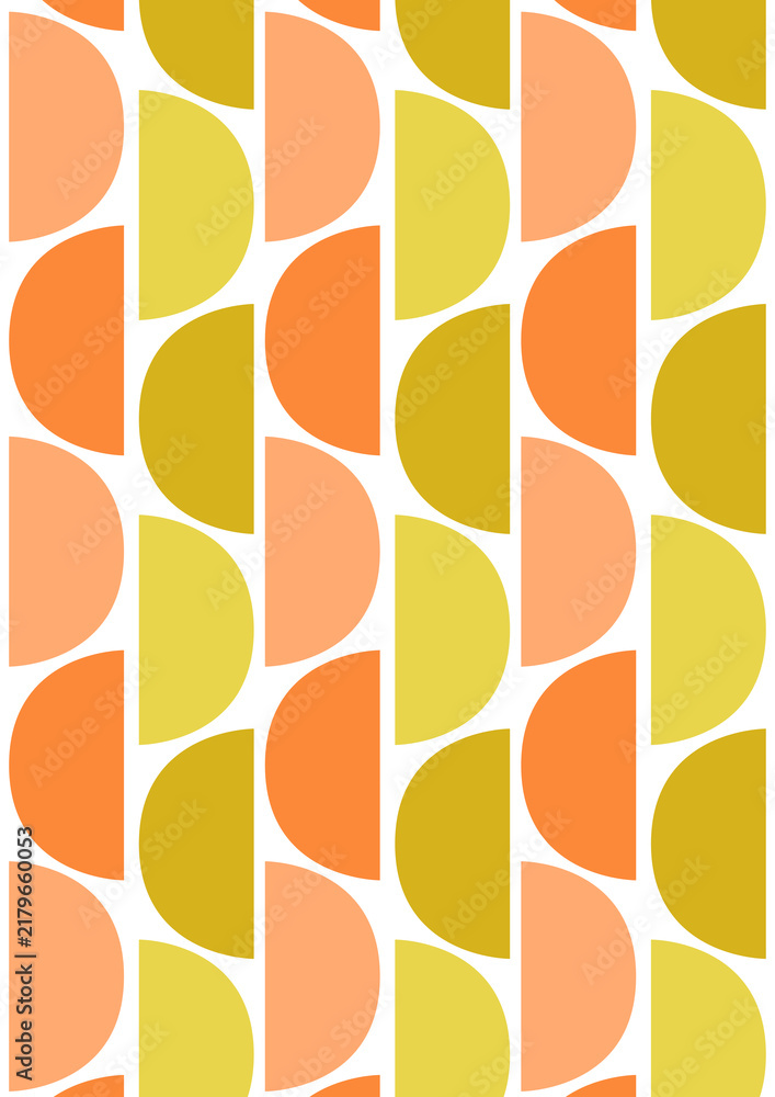 Retro geometric seamless background pattern with alternating half-circles in warm orange and yellow mid-century style.