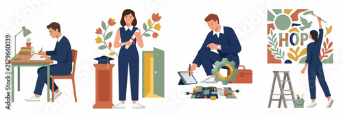 Set of Flat Illustrations Depicting Student Life and Career Journey from Studying and Graduation to Professional Work and Creative Arts