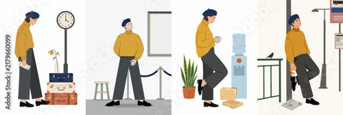 A set of four flat vector illustrations showing a person waiting in various everyday locations like a station, museum, and bus stop.