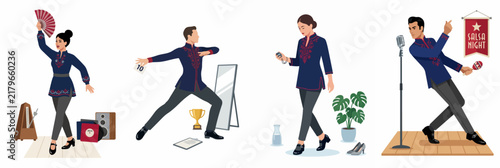 Illustrations of male and female salsa dancers in various scenes including practicing with maracas, dancing with a fan, and performing on a stage.