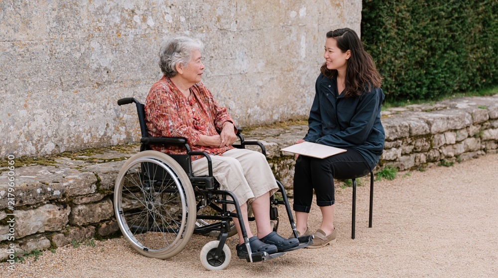 Obraz premium Senior woman in a wheelchair talking with a young adult on a gravel park path, natural and inclusive scene for accessibility and counseling programs