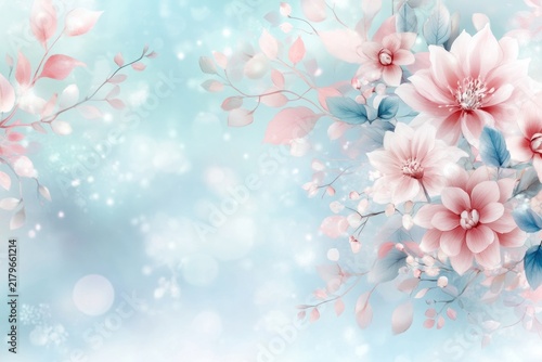 Dreamy floral composition in soft pastel hues: Delicate, artistic rendering of blooming flowers and swirling branches in soft pinks and blues, with a dreamy.