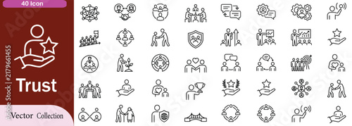 Trust Web Icon Set in Linear Style. Collection of trustworthy, line icons, including trustworthy, credibility, confidence, integrity, confidence, promise, loyalty, honesty and more. Editable stroke