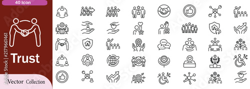 Trust Web Icon Set in Linear Style. Collection of trustworthy, line icons, including trustworthy, credibility, confidence, integrity, confidence, promise, loyalty, honesty and more. Editable stroke