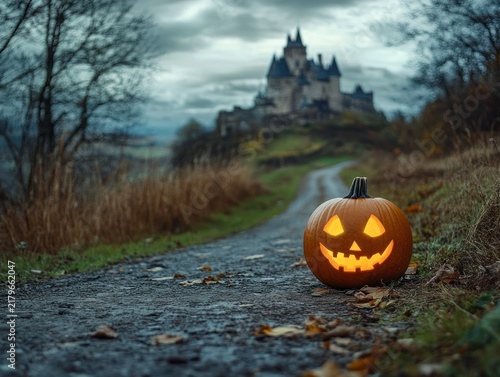 Spooky pumpkin on a path leading to a medieval castle