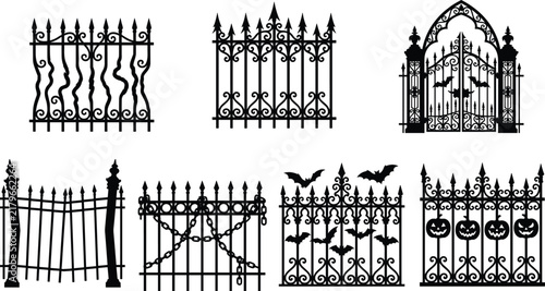 Spooky Halloween Fence Silhouette Set Wrought Iron Cemetery Gate Vector Icon Collection