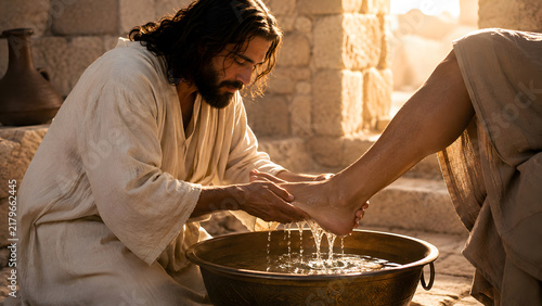 Jesus christ washing the feet of a disciple in a humble act of service and love in a rustic stone setting