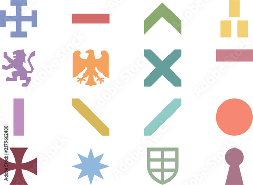 Heraldic element collection vintage badges shapes crosses shields emblems decorative design.