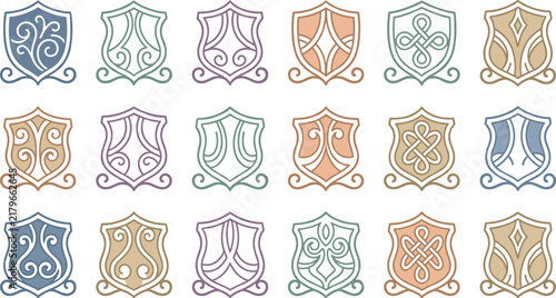 pastel color heraldic shield collection for elegant branding and decorative designs.