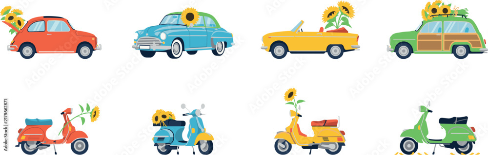 Fototapeta premium Vintage Retro Cars and Scooters Vector Icon Set Filled with Sunflowers for Autumn Harvest Floral Delivery and Summer Road Trip Graphic Design Layouts