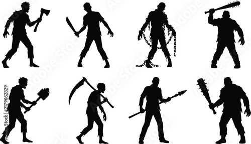 Zombie Silhouette Characters Holding Weapons In Horror Combat Concept Illustration