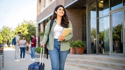 Smiling female student carrying a suitcase and notebooks while walking on a university campus