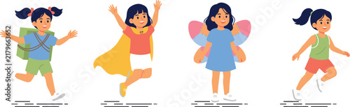 Bild auf Leinwand Cute Little Girl Cartoon Character Set Wearing Costumes and Running for Happy Ch