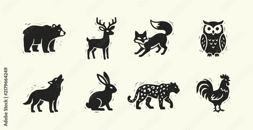 Obraz premium Vintage Linocut Animal Silhouette Icon Set