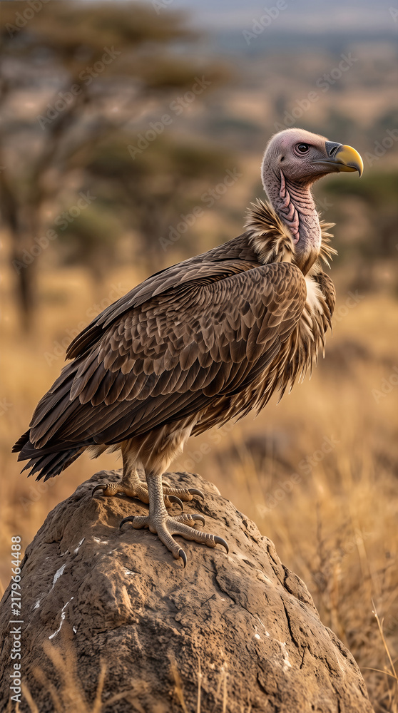 Fototapeta premium Ruppell's griffon vulture (Gyps rueppellii) perched on a rock in African savannah