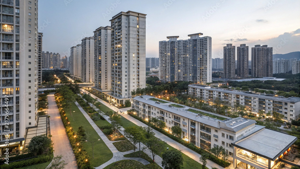 Fototapeta premium Aerial view of modern urban residential area with high rise buildings and green spaces at dusk