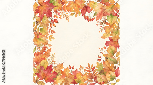 A beautiful watercolor painting of autumn leaves creates a delicate square frame with rich vibrant fall colors on a clean white backdrop