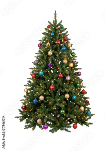 Festively decorated green Christmas tree with colorful ornaments and warm lights