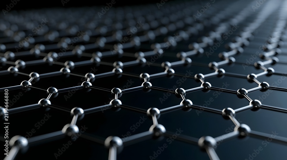 Fototapeta premium A close up view of a hexagonal lattice structure with metallic nodes and rods set against a dark gradient background