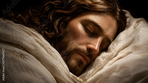 Closeup portrait of a man with long hair and a beard sleeping peacefully wrapped in white linen fabric