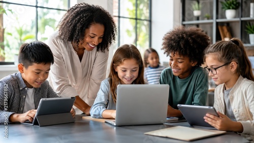 Teacher guiding diverse elementary students using a laptop and tablets in a bright modern classroom, smiling and collaborating on digital learning