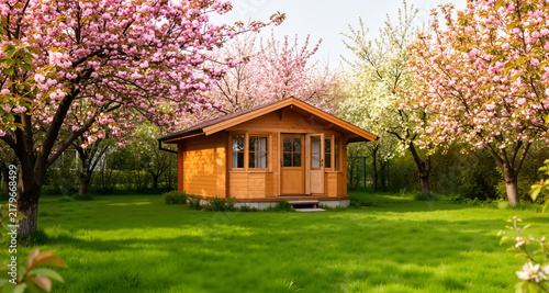 A small country house on a green lawn, surrounded by blossoming trees.