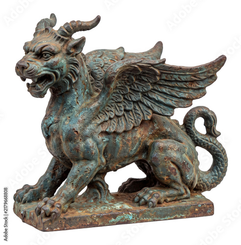 weather beaten bronze winged rooftop chimera gargoyle statue on a transparent background