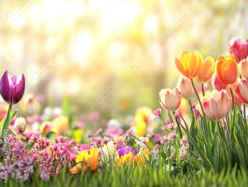 Vibrant spring flowers in a garden bathed in sunlight